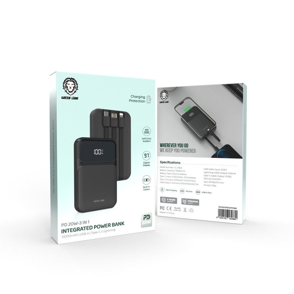 Green Lion 3 in 1 Integrated Power Bank 10000mAh PD 20W Black