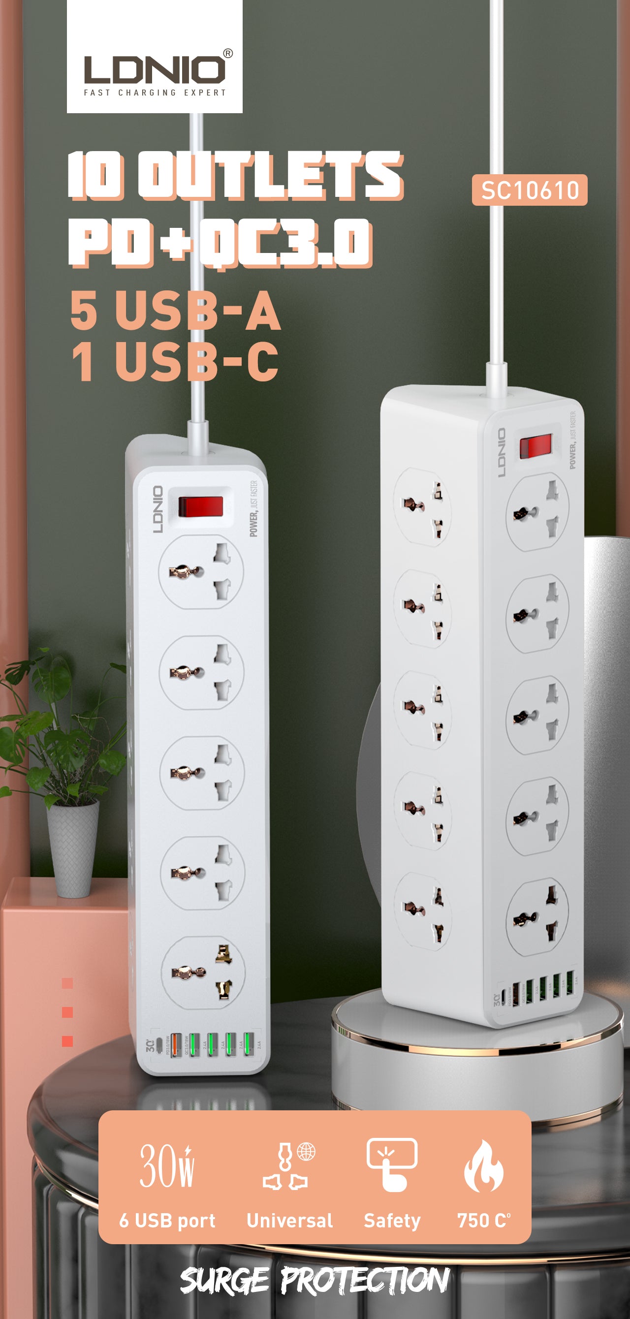 LDNIO Power Strip with 10-Outlet Surge protector power sockets 6 USB Ports 32W PD+QC Fast Charging Adapter Sockets 2-meter Heavy Duty Power Extension Cord