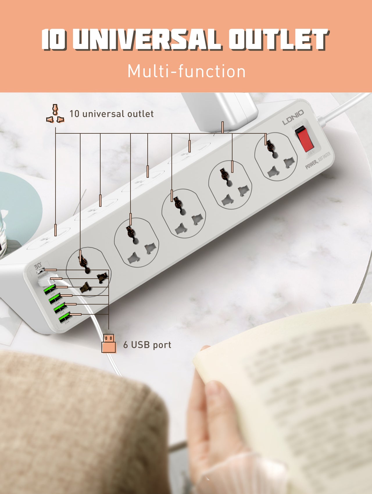 LDNIO Power Strip with 10-Outlet Surge protector power sockets 6 USB Ports 32W PD+QC Fast Charging Adapter Sockets 2-meter Heavy Duty Power Extension Cord