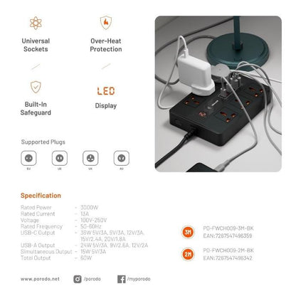 Porodo 6 AC 2 USB-A 24W ,4 USB-C PD 36W