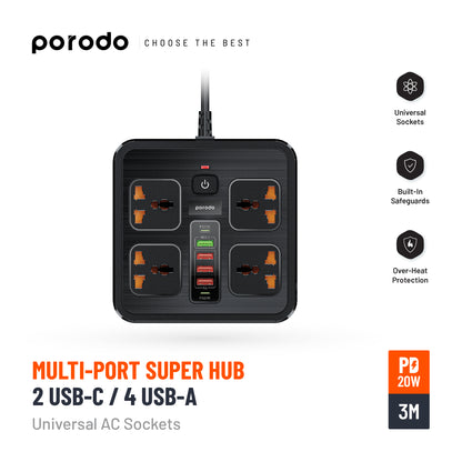 Porodo متعدد المنافذ Super HUB 2 USB-C/ 4 USB-A مقابس تيار متردد عالمية 3M 